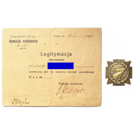 Odznaka 22 Pułku Piechoty  z dokumentem nadania