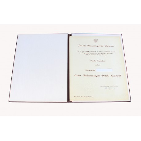 Dyplom potwierdzający nadanie Orderu Budowniczych Polski Ludowej