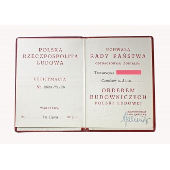 Legitymacja potwierdzająca nadanie Orderu Budowniczych Polski Ludowej