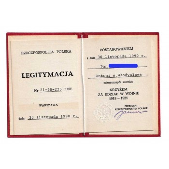 KRZYŻ ZA UDZIAŁ W WOJNIE 1918-1921- legitymacja