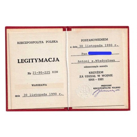 KRZYŻ ZA UDZIAŁ W WOJNIE 1918-1921- legitymacja