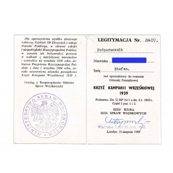 KRZYŻ KAMPANII WRZEŚNIOWEJ 1939 – LEGITYMACJA
