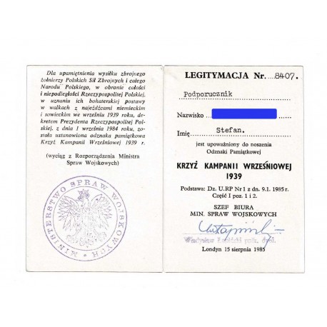 KRZYŻ KAMPANII WRZEŚNIOWEJ 1939 – LEGITYMACJA