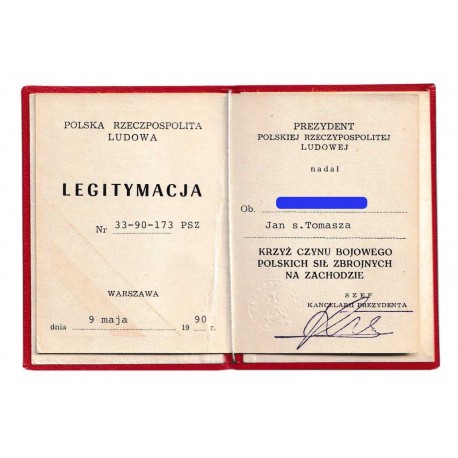 KRZYŻ CZYNU BOJOWEGO POLSKICH SIŁ ZBROJNYCH NA ZACHODZIE - legitymacja