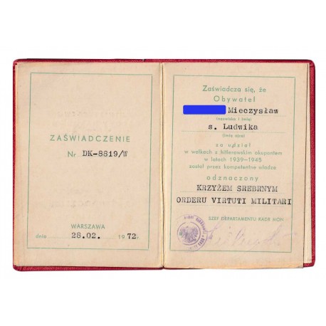 Legitymacja – Krzyż Srebrny Orderu Virtuti Militari