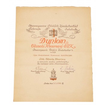 Dyplom Złotej Odznaki Honorowej SPK wraz z krzyżem