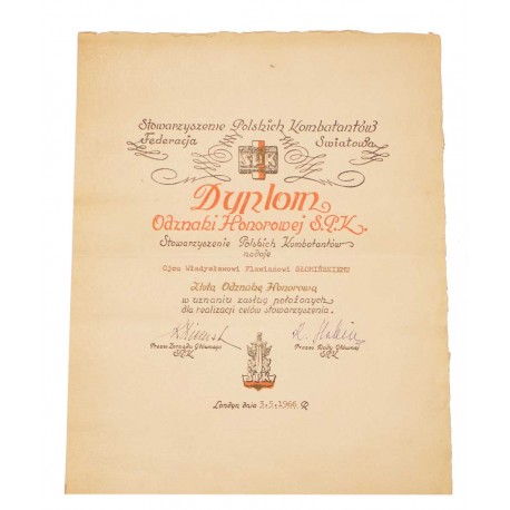 Dyplom Złotej Odznaki Honorowej SPK wraz z krzyżem