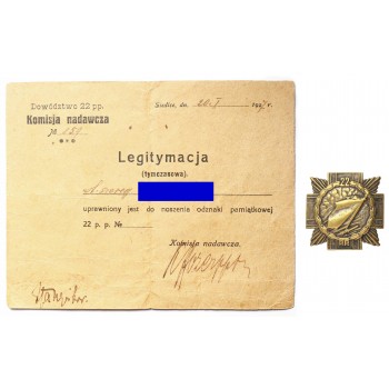 Odznaka 22 Pułku Piechoty  z dokumentem nadania